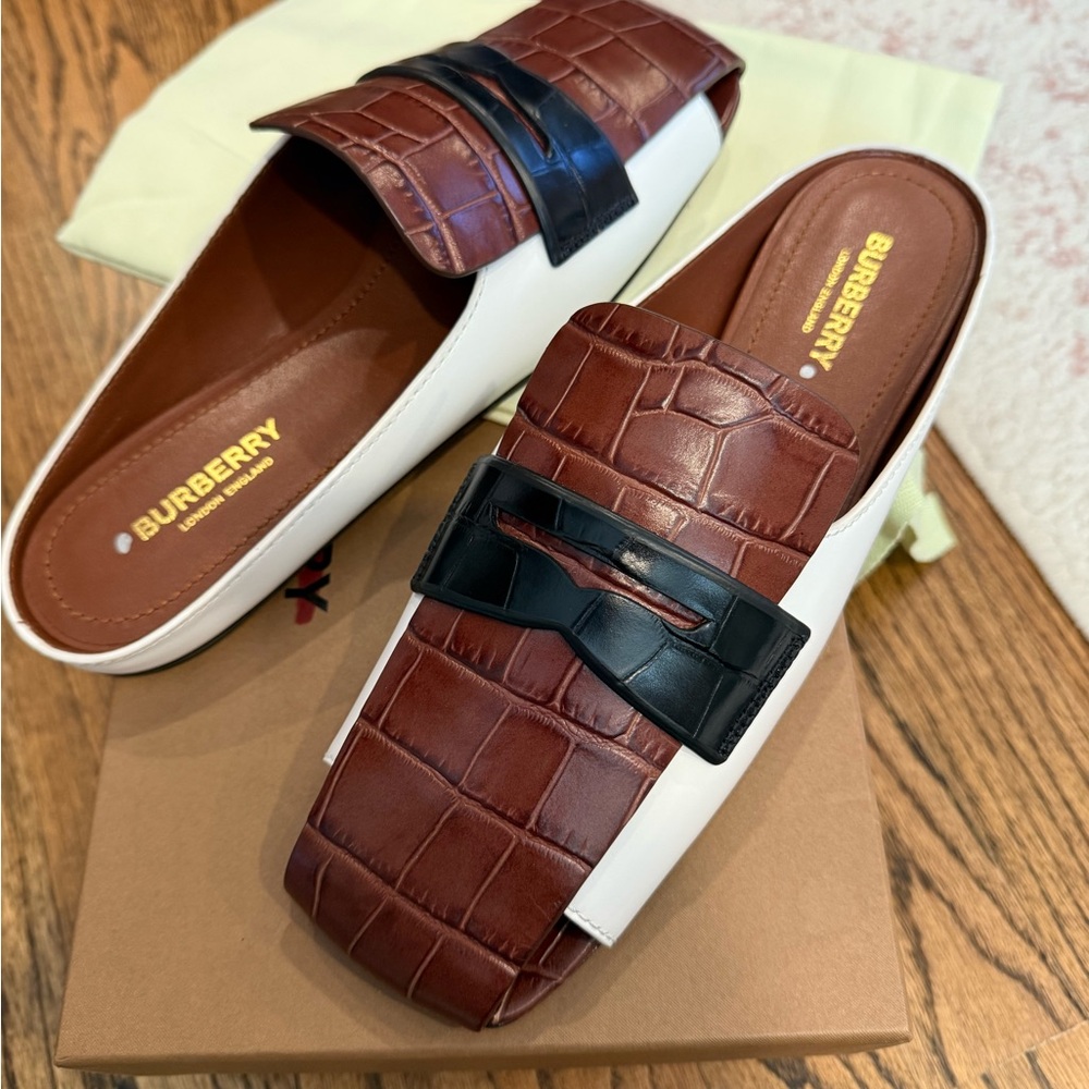 Burberry Croc-Embossed Brown and White Loafers